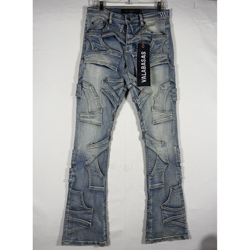 NWT VALABASAS Pumped Stacked Jeans Men's 30x33 Light Wash Denim Skinny Spellout